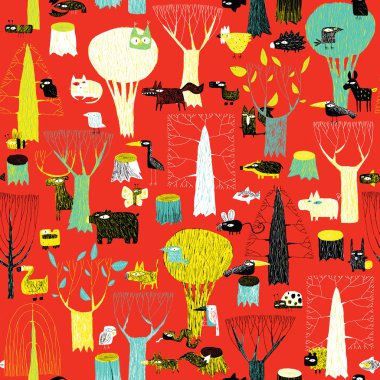 Wood Animals tapestry seamless pattern in pop colors clipart