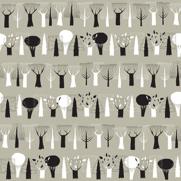 Trees seamless row pattern tapestry in black and white 