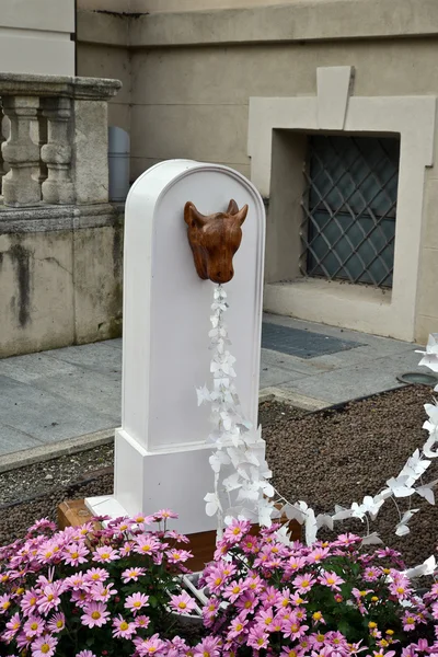 Fuente de agua en el jardín de flores — Foto de Stock