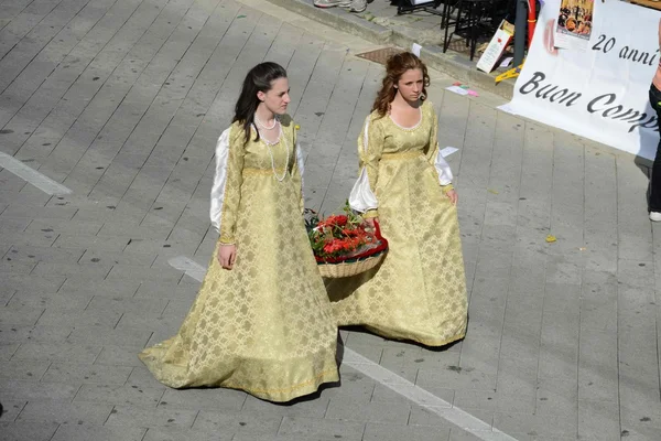 Historische re-enactment. Parade van dames in oude aangepaste — Stockfoto