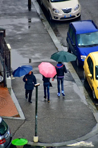 Marcher sous la pluie. Parapluie. rose. La ville. l'hiver. à l'extérieur. personnes — Photo