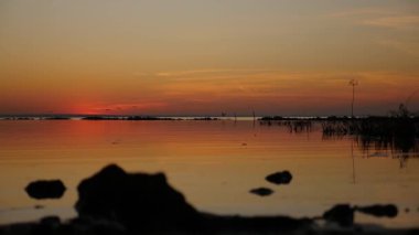 Denizde gün batımının yansıması ve arka planda uçan kuşlar.