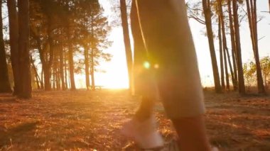 Gün batımında çam ormanında yürüyen ve manzaralı doğayı seven genç ve güzel bir kadın.