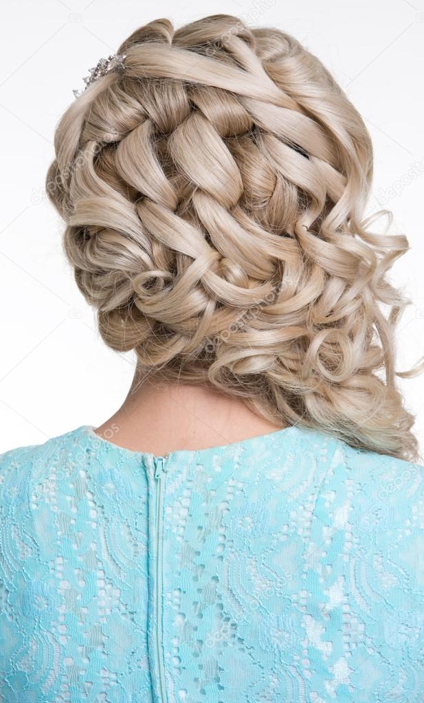 Beauty Wedding Hairstyle Bride Woman In Blue Evening Dress