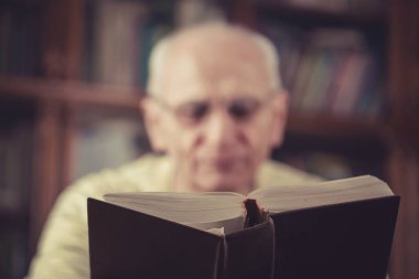 Bulanık son sınıf öğrencisi silueti elinde büyük bir İncil kitabıyla evde, kitaplığın karşısında oturuyor.