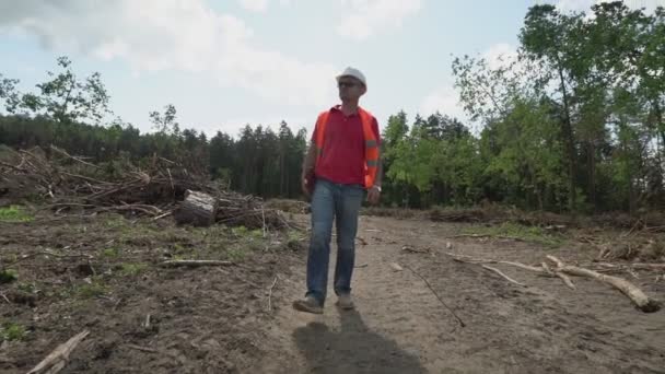 Man loopt langs houtkap site en inspecteert grondgebied holding tablet — Stockvideo