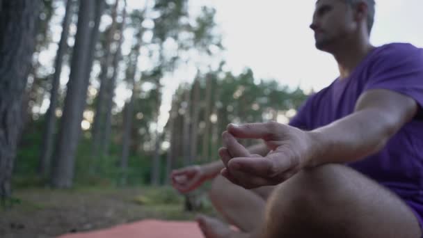 Man middelbare leeftijd persoon gezeten op yoga mat in lotus poseren in bos. — Stockvideo