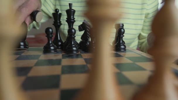 Зрілі шахісти влаштовують дерев'яних шахістів на борту — стокове відео
