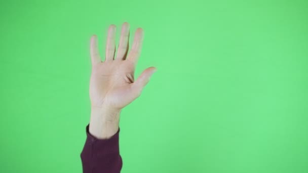 Senior man hand up and waving greeting gesture on chromakey — Stock video