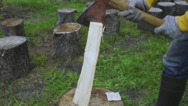 高齢者は、斧を使用して庭の真ん中に白樺の薪を切り刻む — ストック動画