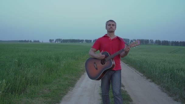 Hombre en jeans caminando por el camino del campo y tocando la guitarra acústica — Vídeo de stock