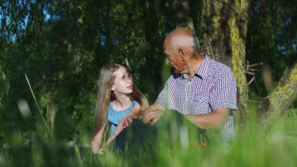 Tonårstjej pratar med farfar i gräs och trädskugga — Stockvideo