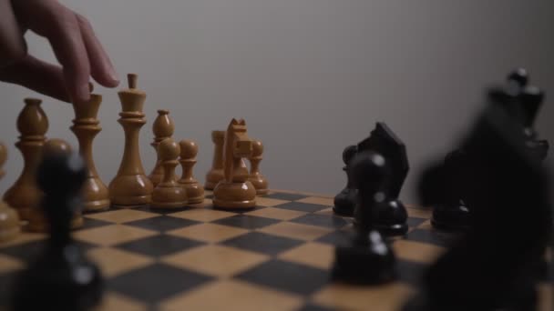 Male hand make white queen piece move on wooden chess board — Stockvideo