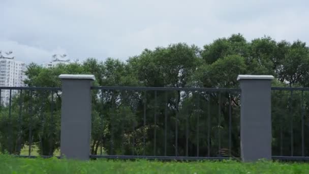 Metalen hek met grijze zuilen tegen stadspark — Stockvideo