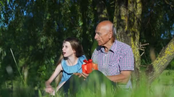 Söt flicka sitter och pratar med morfar som håller i röd presentask — Stockvideo