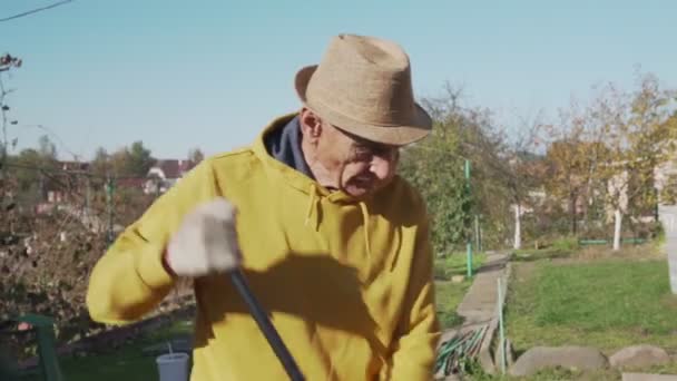 Ανώτερος αγρότης σε καφέ καπέλο σαρώνει τα φθινοπωρινά φύλλα με σκούπα — Αρχείο Βίντεο