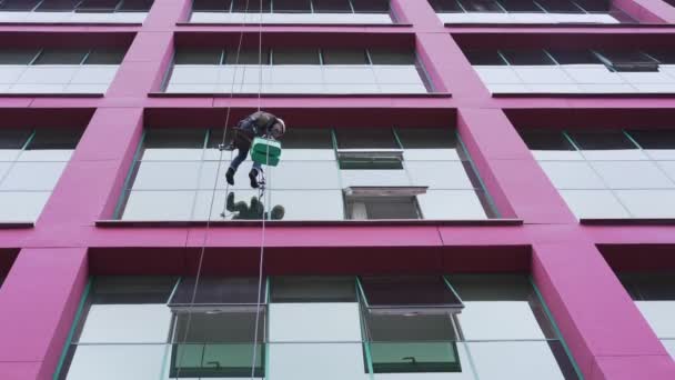 Trabajador masculino con equipo de limpieza trabajando en ventana de lavado de altura — Vídeo de stock