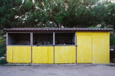 Çöp konteynırlarının olduğu büyük sarı kutu şehrin arka bahçesinde duruyor..