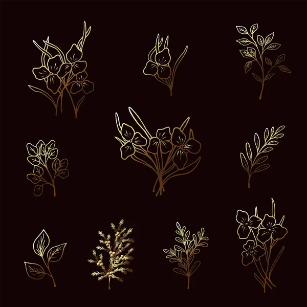 植物の枝の植物画 暗い背景に金色のグラデーションのグラフィック輪郭 印刷や紙に印刷するための — ストックベクタ