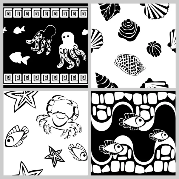 Black-and-white set of sea-life seamless patterns — Stock Vector