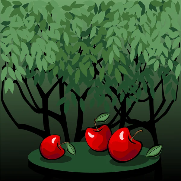 Sabrosas manzanas rojas en el jardín místico — Archivo Imágenes Vectoriales