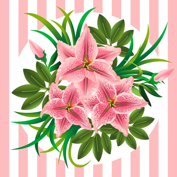 Retro bouquet with lilies, buds and leaves on striped background — Stock Vector