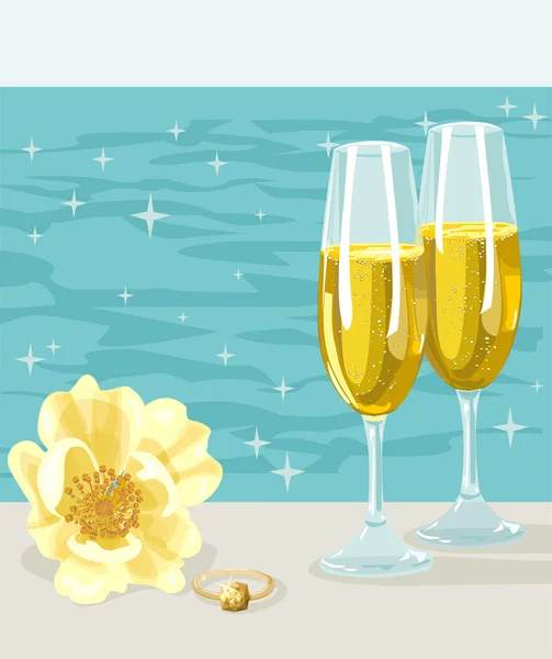 Dois copos de champanhe frio, flor e anel —  Vetores de Stock