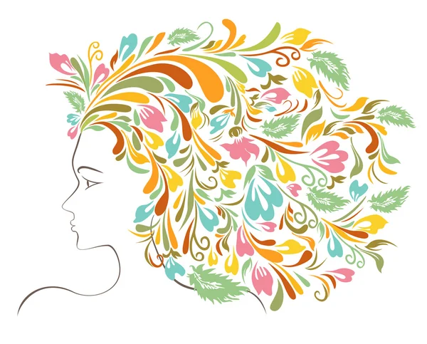 Chica colorido peinado floral — Vector de stock