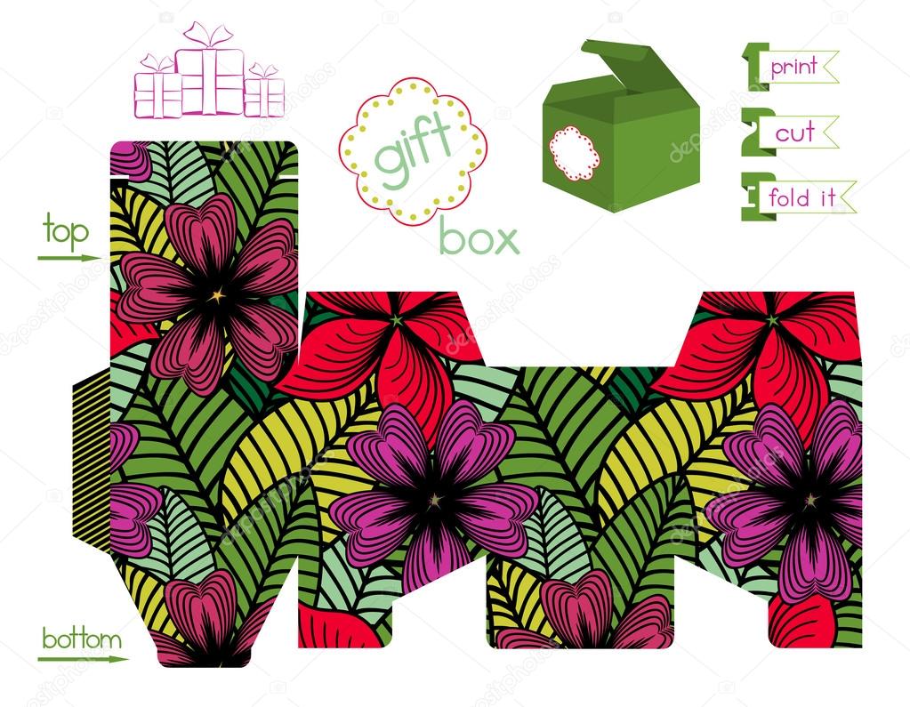 Printable Gift Box With Bright Flowers Pattern