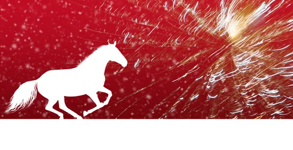 Horse for New Year on red background with fireworks — Stock Photo, Image