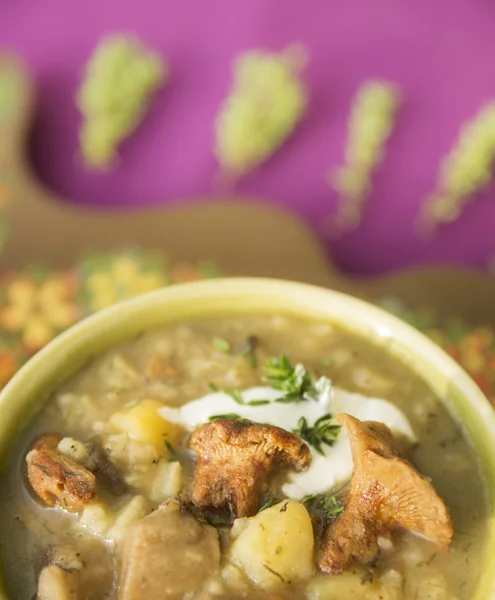 Chanterelle mushrooms soup with thyme on purple tablecloth — Stock Photo, Image