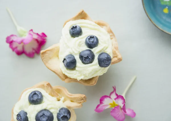 Yaban mersini kekleri yazlık krem ve çiçek — Stok fotoğraf