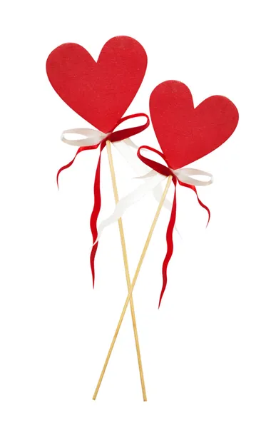 Two red heart on stick with ribbon, isolated — Stock Photo, Image