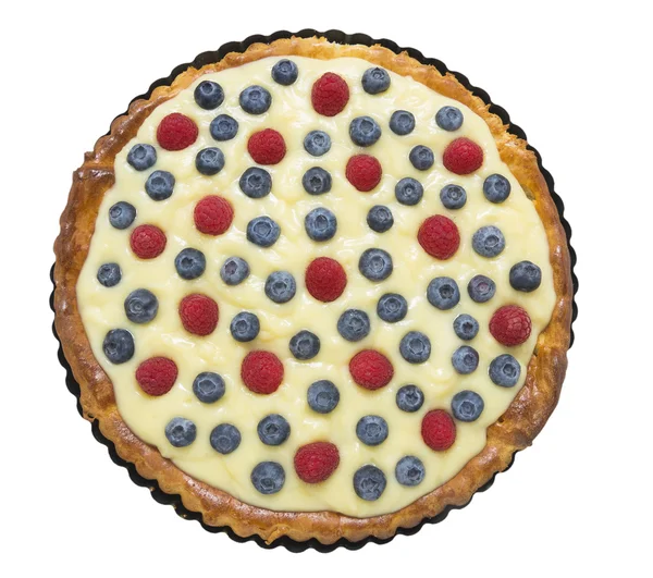 Tart with raspberries, blueberries, vanilla custard, Tart , base  in baking dish, isolated — Stock Photo, Image