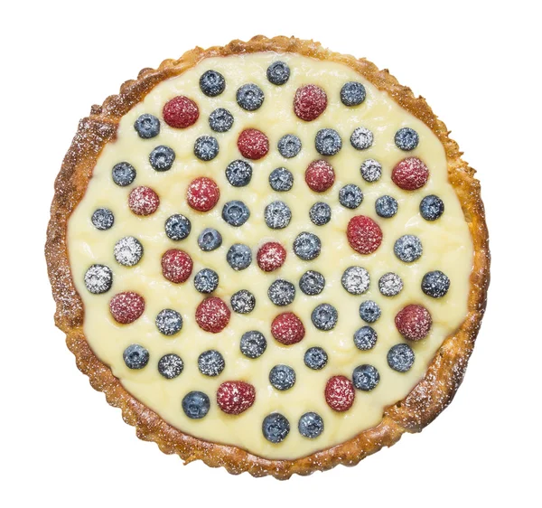 Tart with raspberries, blueberries, vanilla custard, Tart , base  in baking dish, isolated — Stock Photo, Image