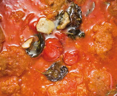 rustik ekmek, kızarmış domates, fesleğen ve sarımsak ile İtalyan domates çorbası