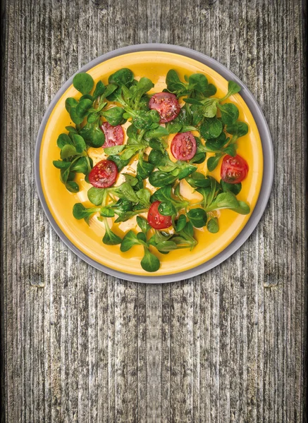 Tomates con ensalada verde, Servir en plato pesado amarillo y gris sobre madera vieja —  Fotos de Stock