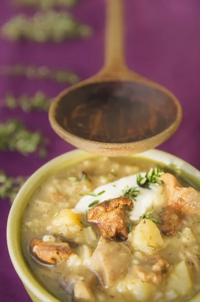 Mushroom soup with sour cream and thyme , old wooden spoon , against lavender table — Stock Photo, Image