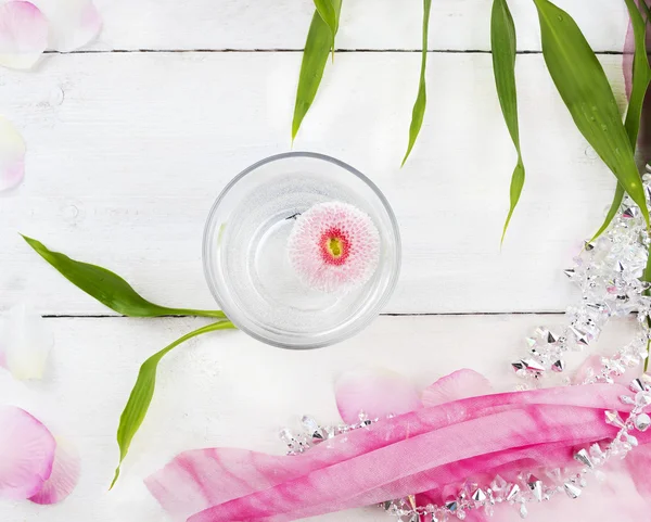 Roze daisy flower in glas water met bamboe en decoratie, spa — Stockfoto