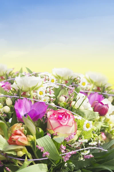 Bando colorido de flores de verão, rosas, anêmonas, margaridas, copos de manteiga , — Fotografia de Stock