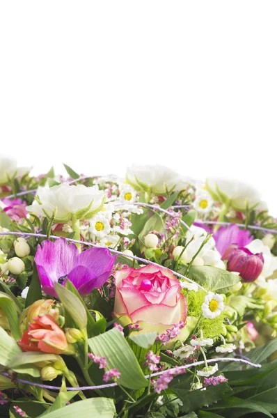 Store fargerike sommerblomster, roser, anemoner, tusenfryd, smørbrød, grense, isolert – stockfoto