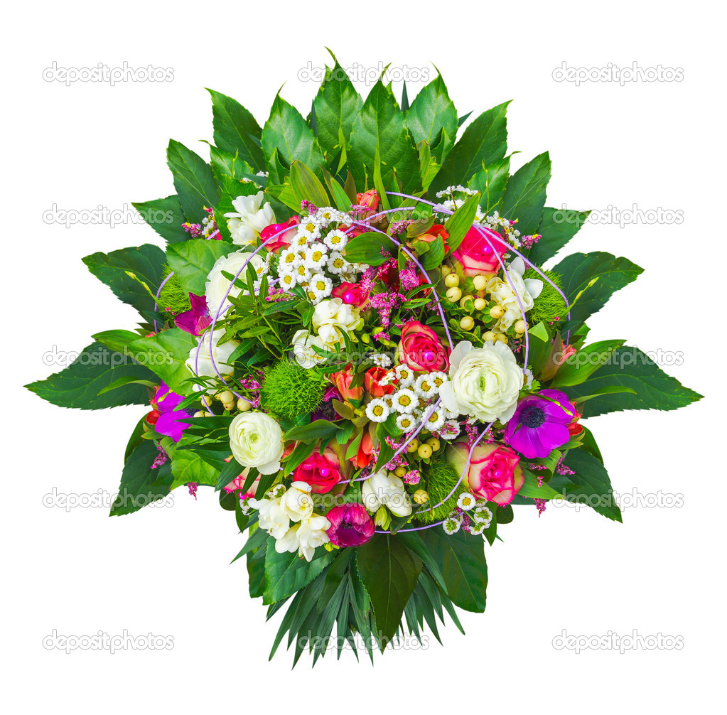 Summer flowers bunch with decorative leaves, isolated