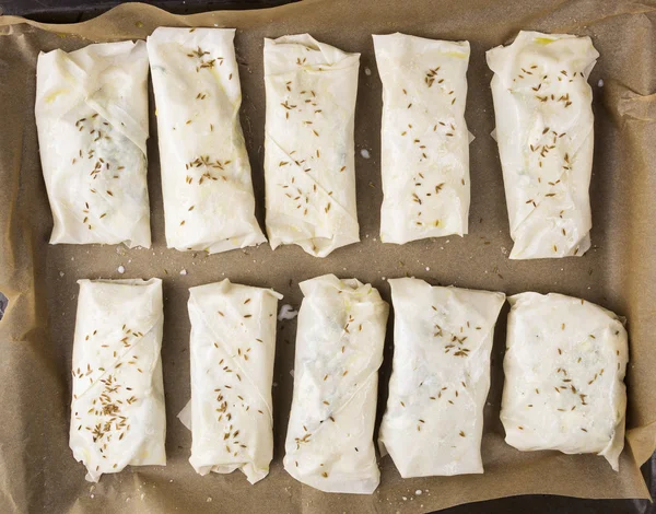 Preparation of burek pies,  puff pastry — Stock Photo, Image