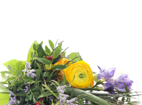Zielony bukiet jaskry żółty i fioletowy frezji, granicy kwiatowy na białym tle — Zdjęcie stockowe