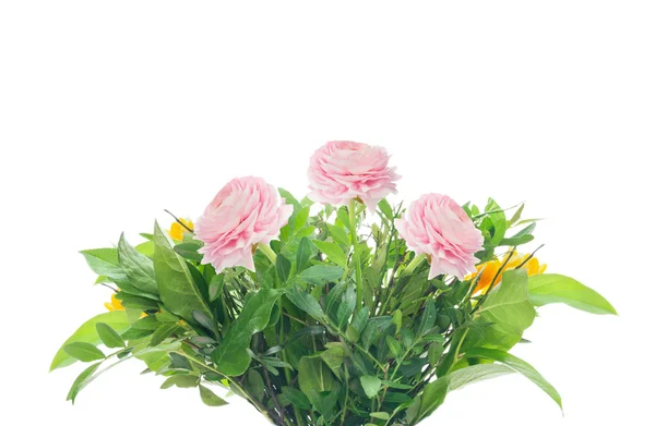 Bunch with pink buttercups and greens, isolated — Stock Photo, Image