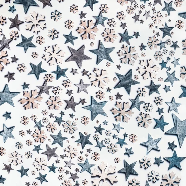 Blue Stars Snowflakes Pattern White Background Top View Creative Holiday — Stock Photo, Image