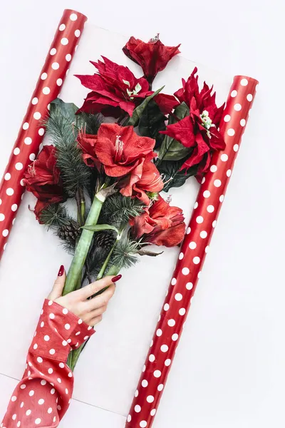 Weibliche Hand Gepunkteter Bluse Hält Weihnachtsstrauß Mit Roten Weihnachtssternen Und — Stockfoto