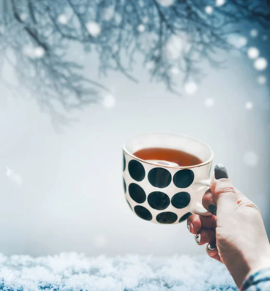 Зимнее Настроение Женщина Держит Чашку Горячего Чая Холодном Снегу Зимний — стоковое фото