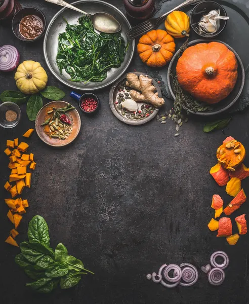 Vegetariano Fondo Comida Temporada Con Ingredientes Para Las Hierbas Cocina — Foto de Stock