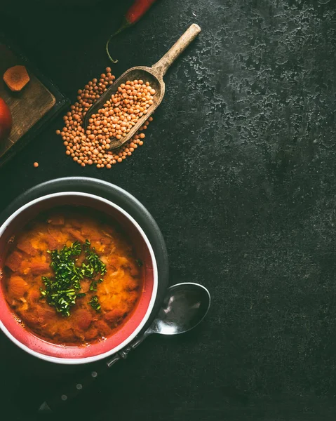 Red Lentil Soup Bowl Dark Rustic Background Top View Copy — Stock Photo, Image